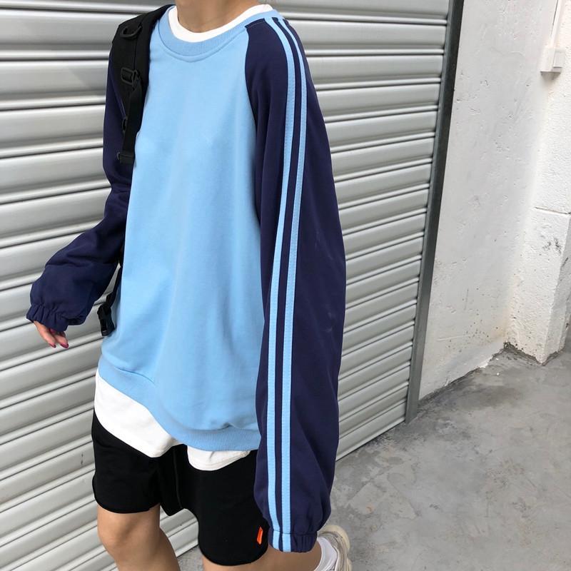 Side Stripes Blue Color Block Oversized Sweatshirt