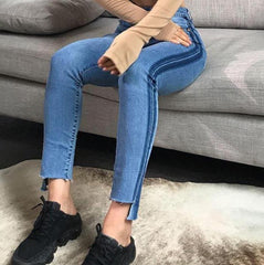 Side Stripes High Waist Cropped Slim Denim Jeans