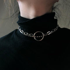 Silver Double Chains Circle Grunge Choker Necklace