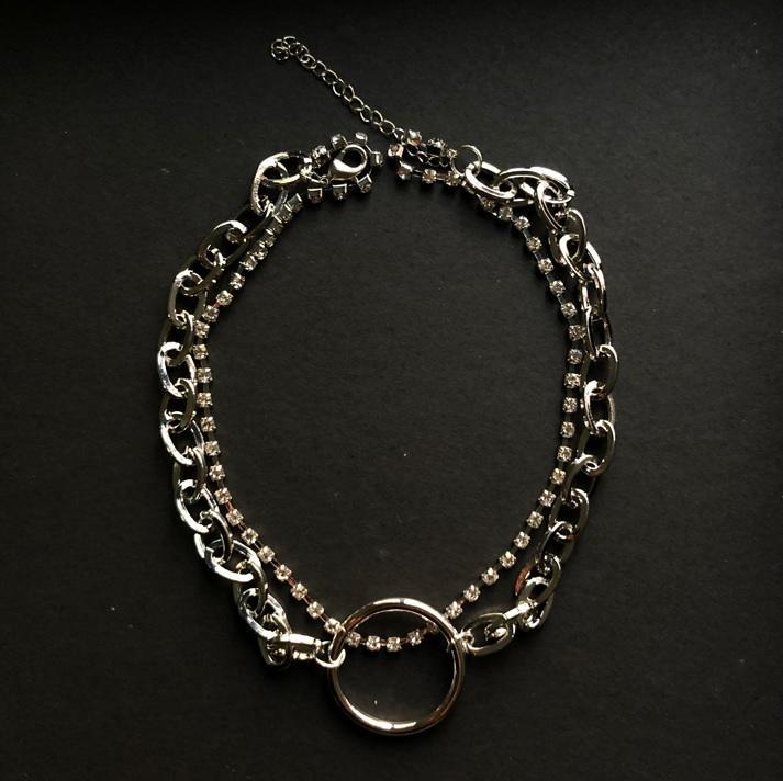 Silver Double Chains Circle Grunge Choker Necklace