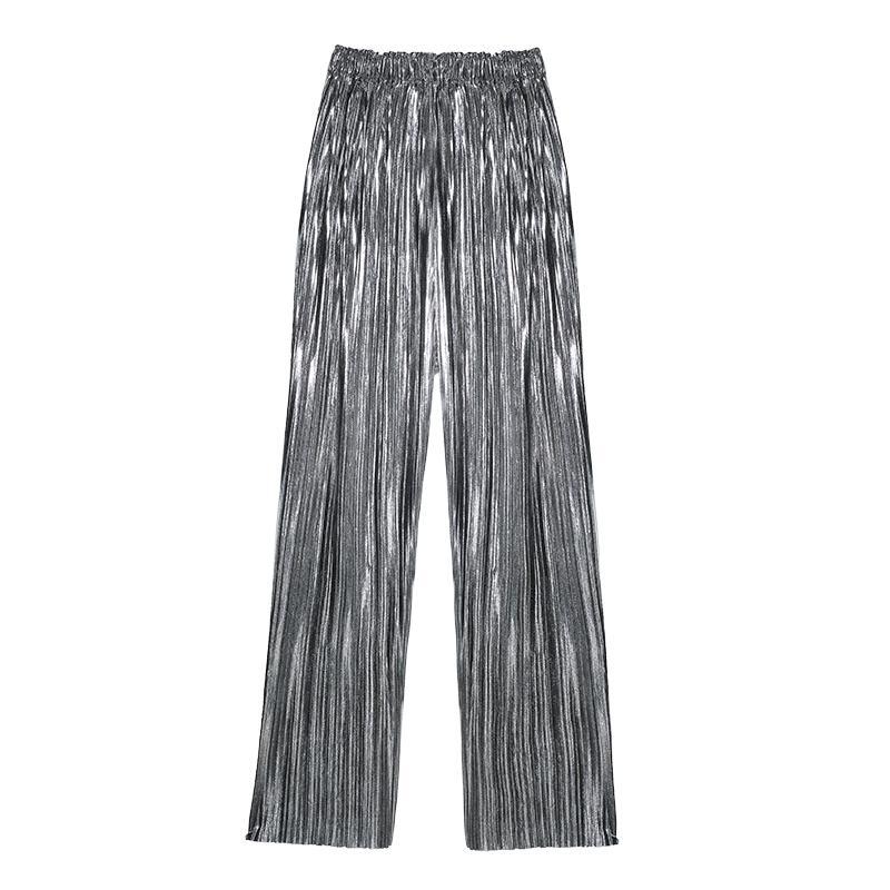 Silver Metallic Shiny Long Oversized Elastic Elegant Pants