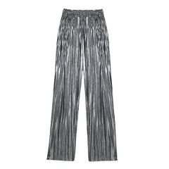 Silver Metallic Shiny Long Oversized Elastic Elegant Pants