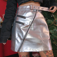 Silver Pu Leather High Waist Belt Zipper Skirt