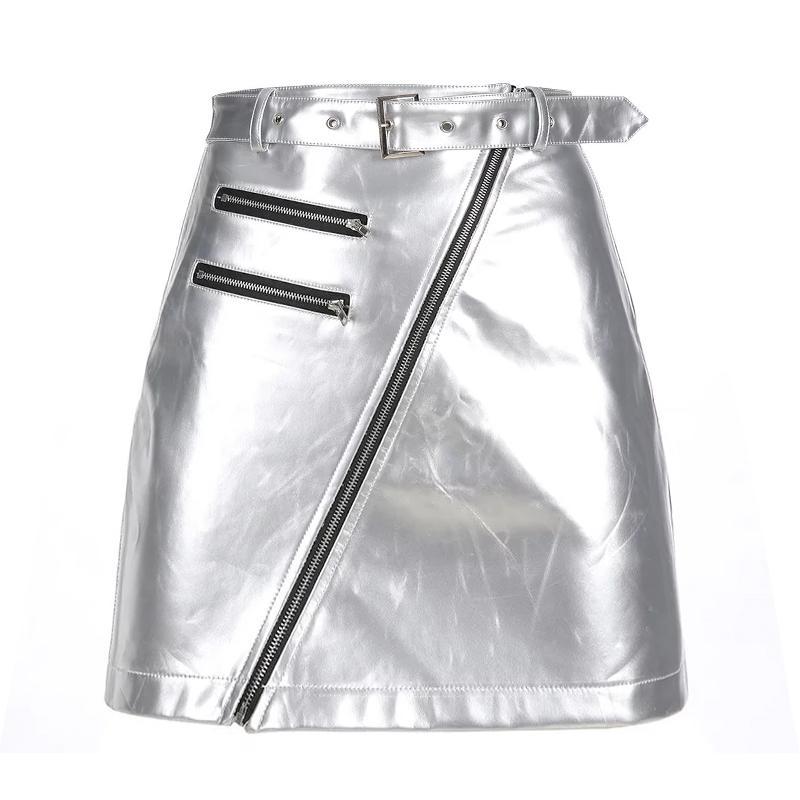 Silver Pu Leather High Waist Belt Zipper Skirt