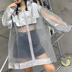 Silver Transparent Mesh Hooded Oversized Jacket