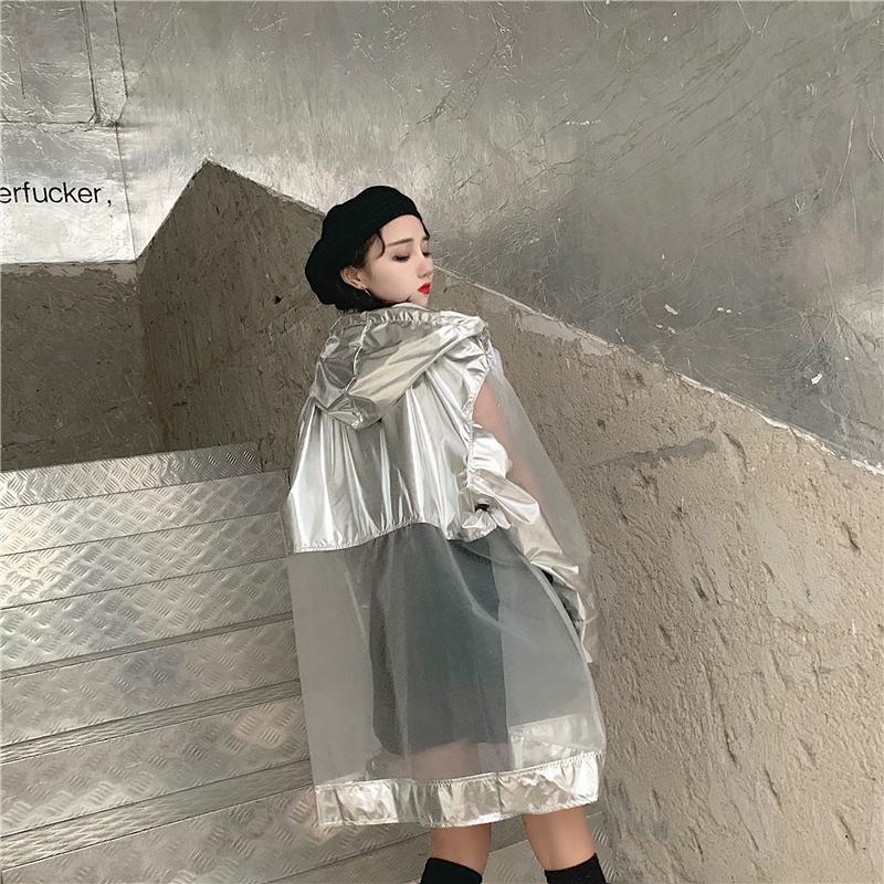 Silver Transparent Mesh Hooded Oversized Jacket