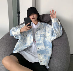 Sky Blue Tie Dye Pattern Denim Oversized Jacket
