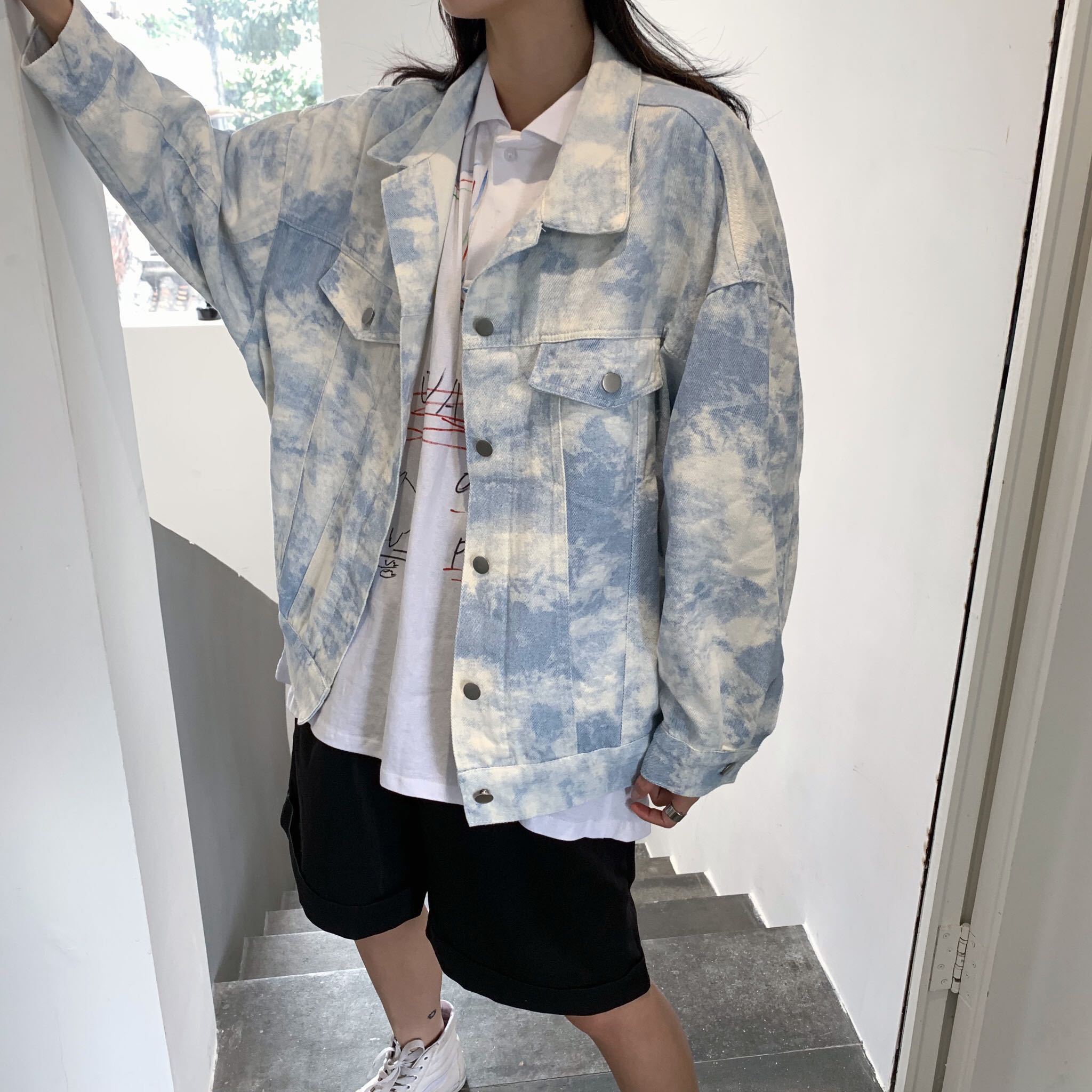 Sky Blue Tie Dye Pattern Denim Oversized Jacket