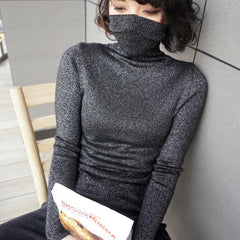 Slim Shiny Niddle Knit High Neck Long Sleeve Blouse Shirt