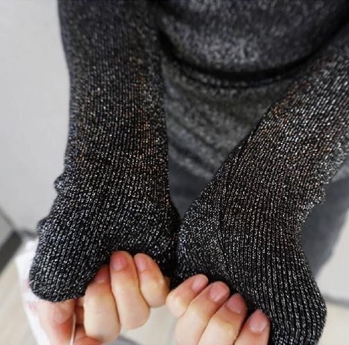 Slim Shiny Niddle Knit High Neck Long Sleeve Blouse Shirt