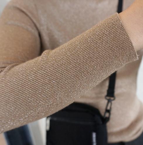 Slim Shiny Niddle Knit High Neck Long Sleeve Blouse Shirt