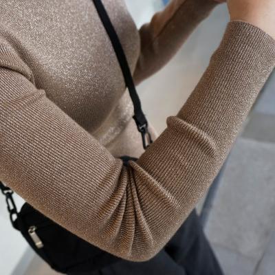 Slim Shiny Niddle Knit High Neck Long Sleeve Blouse Shirt