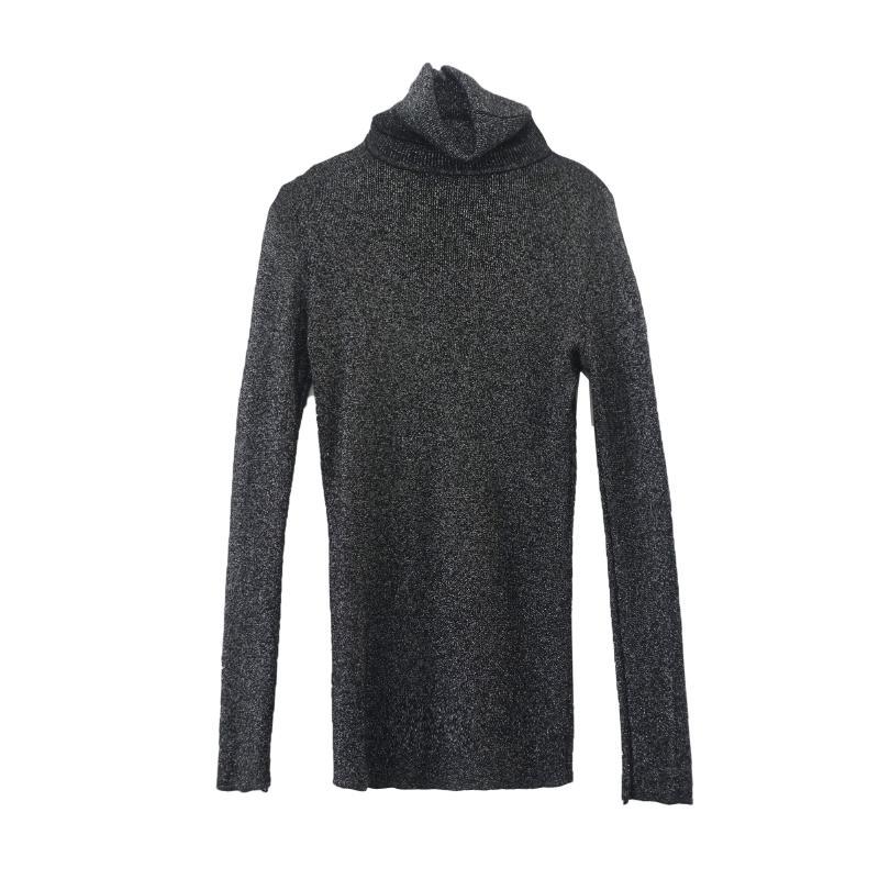 Slim Shiny Niddle Knit High Neck Long Sleeve Blouse Shirt