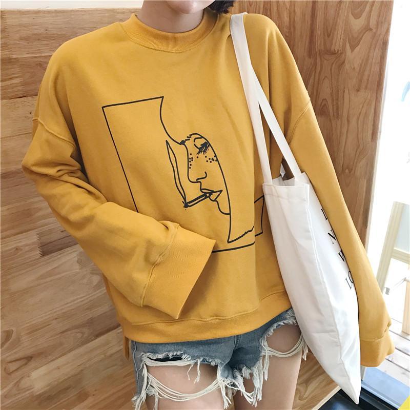 Smoking Girl Print Drawning Long Sleeve Yellow Gray Shirt