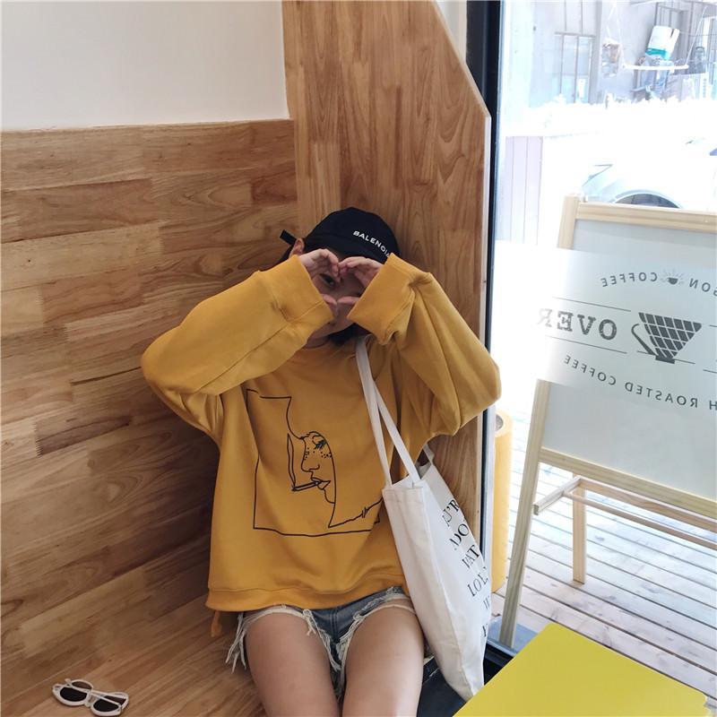 Smoking Girl Print Drawning Long Sleeve Yellow Gray Shirt