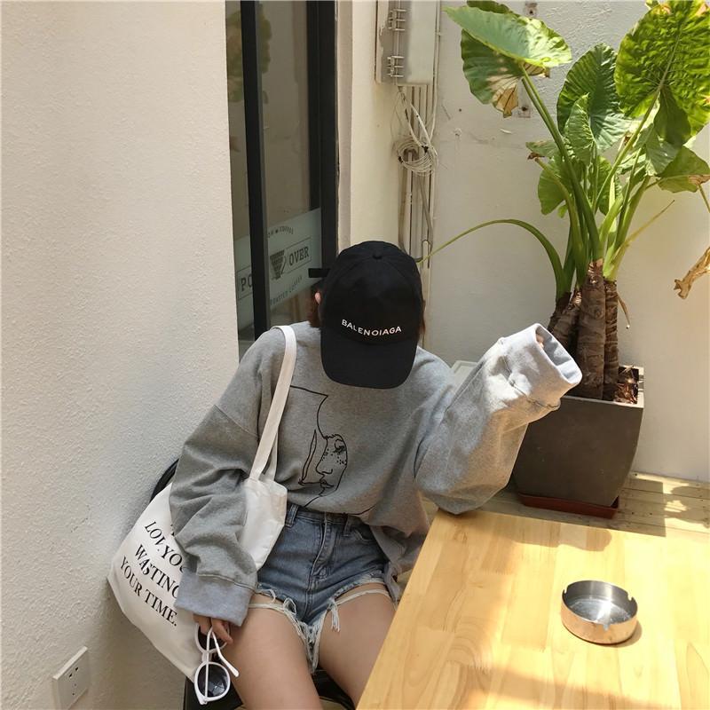 Smoking Girl Print Drawning Long Sleeve Yellow Gray Shirt