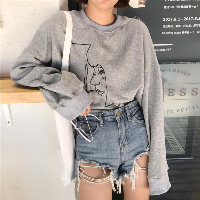 Smoking Girl Print Drawning Long Sleeve Yellow Gray Shirt