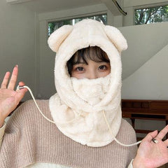 Soft Aesthetic Bear Ears Plush Hat And Mask