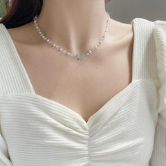 Soft Aesthetic Butterfly Pearl Chain Necklace