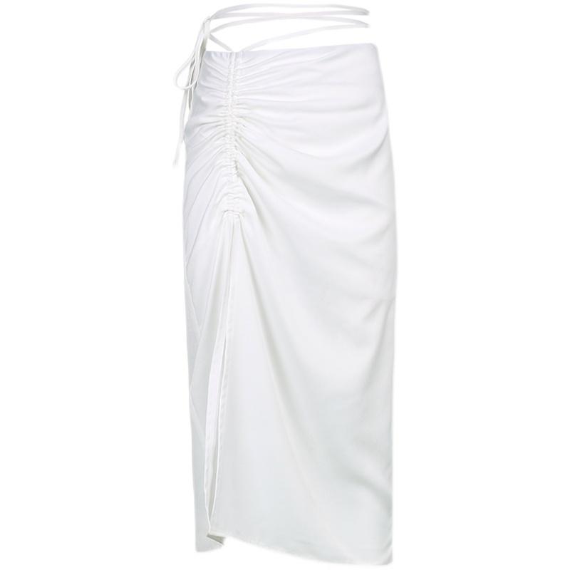 Soft Aesthetic White Ruched Split Midi Skirt