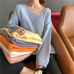 Soft Cozy Pastel Colors V-Neck Knitted Pullover