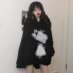 Soft Grunge Oversized Hooded Printed Black Sweatshirt