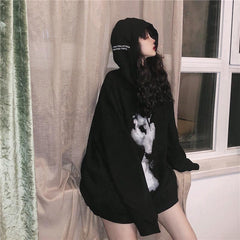 Soft Grunge Oversized Hooded Printed Black Sweatshirt