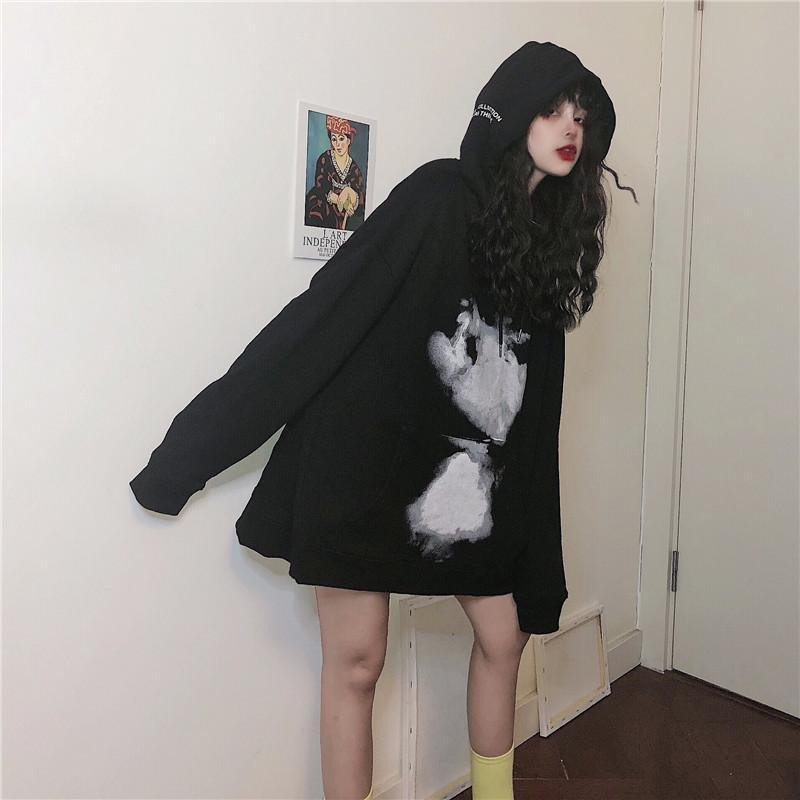 Soft Grunge Oversized Hooded Printed Black Sweatshirt