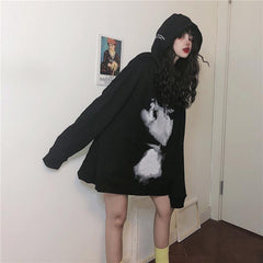 Soft Grunge Oversized Hooded Printed Black Sweatshirt