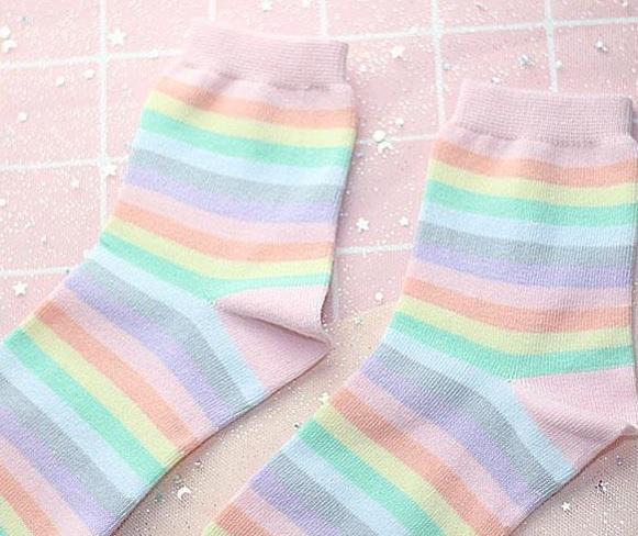 Soft Pale Pastel Stripes Rainbow Kawaii Ankle Socks