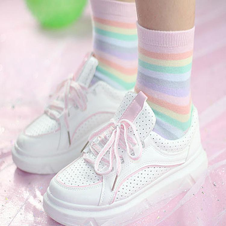 Soft Pale Pastel Stripes Rainbow Kawaii Ankle Socks