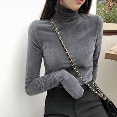Soft Velvet Korean Fashion Turtleneck  Long Sleeve Blouse