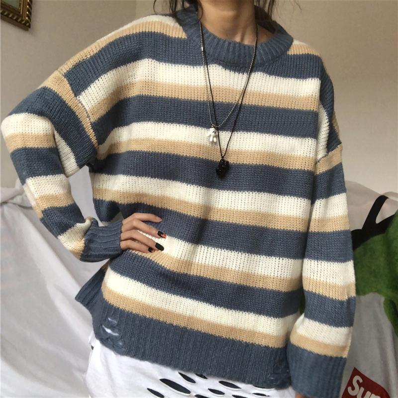 Soft Woolen Autumn Colors Knit Ripped Loose Sweater