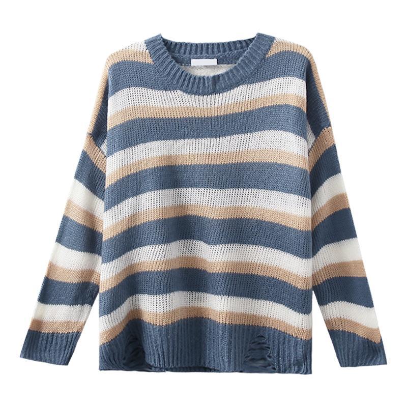 Soft Woolen Autumn Colors Knit Ripped Loose Sweater