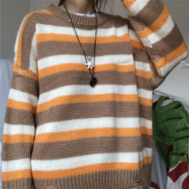 Soft Woolen Autumn Colors Knit Ripped Loose Sweater