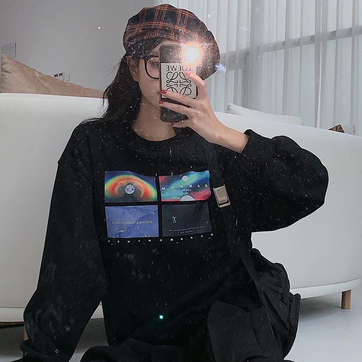 Space Galaxy Print Oversized Black Sweatshirt