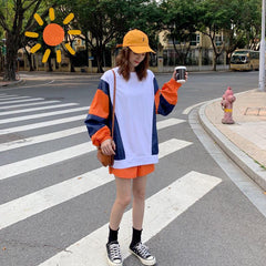 Sporty 2 Piece Set Color Block Sweatshirt + Loose Shorts