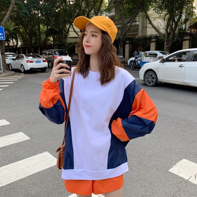 Conjunto deportivo de 2 piezas: sudadera con bloques de color y pantalones cortos holgados 