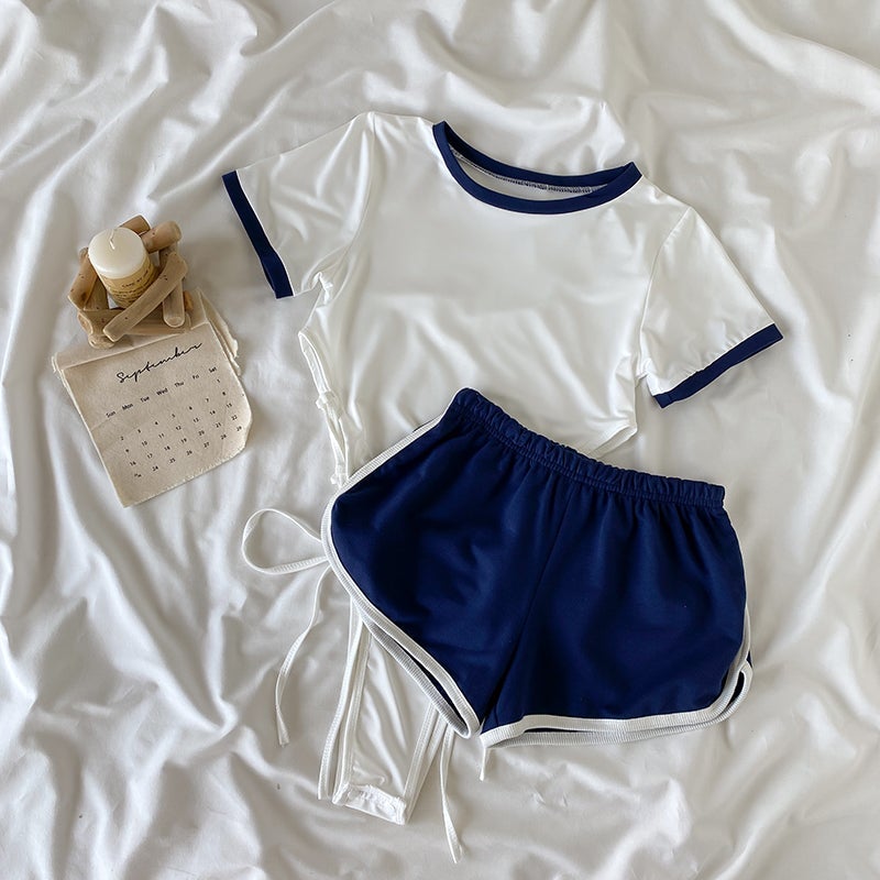 Sporty Japanese Aesthetic White Bodysuit + Blue Shorts