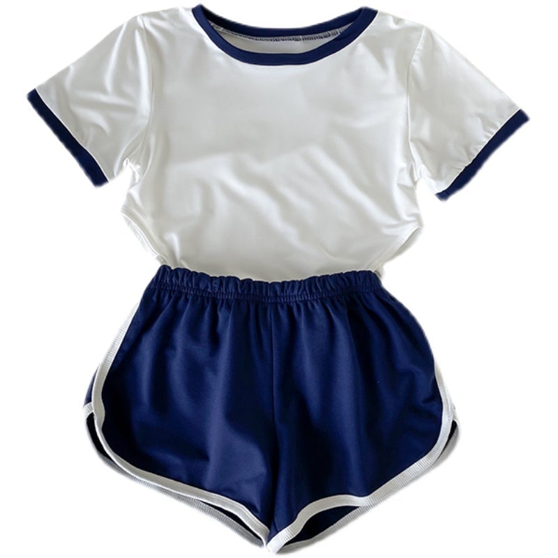 Sporty Japanese Aesthetic White Bodysuit + Blue Shorts