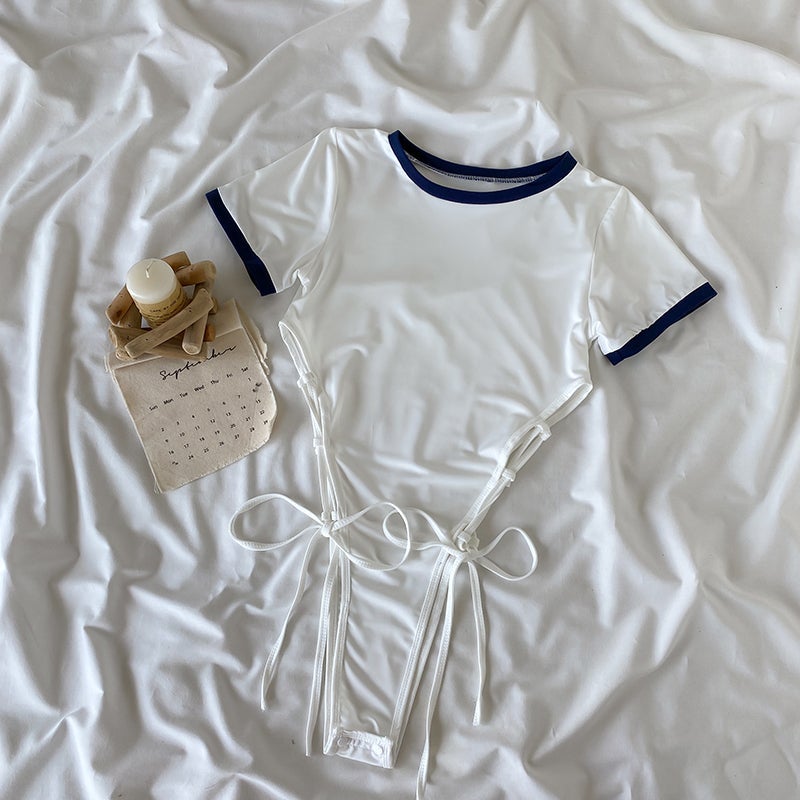 Sporty Japanese Aesthetic White Bodysuit + Blue Shorts