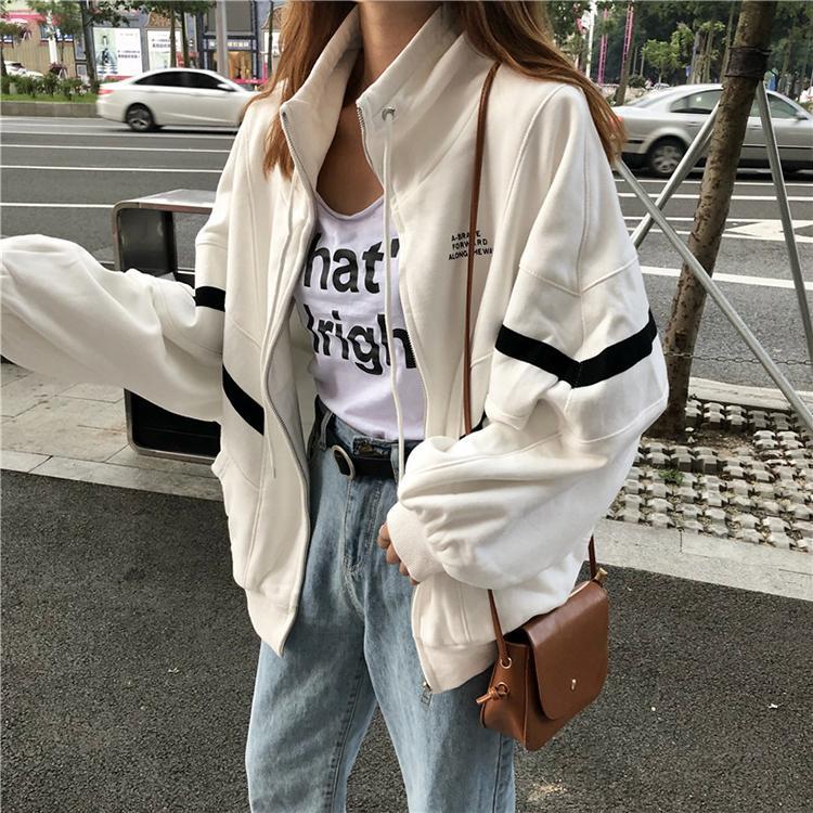 Sporty Lines Oversize Zipper Black White Sweatshirt