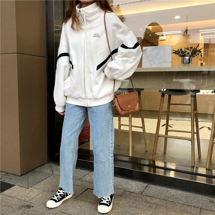 Sporty Lines Oversize Zipper Black White Sweatshirt