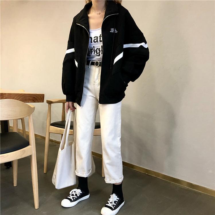 Sporty Lines Oversize Zipper Black White Sweatshirt
