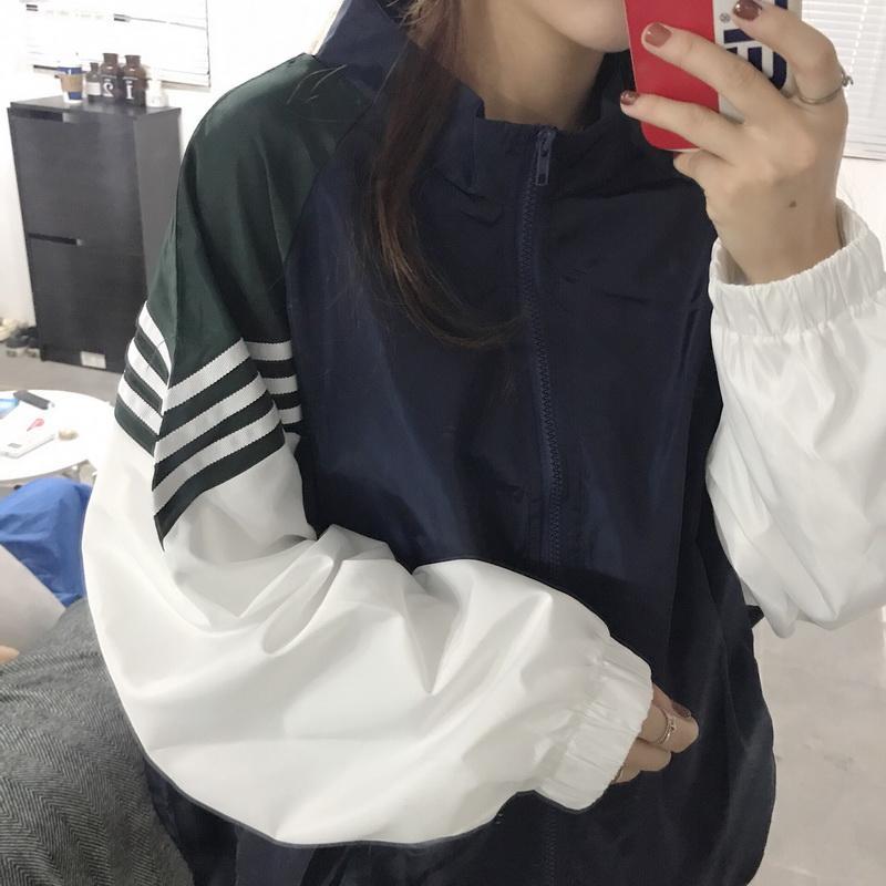 Sporty Pink Blue White Lines Windbreaker Jacket