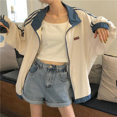 Sporty Triple Side Stripes Loose Thin Outwear Jacket