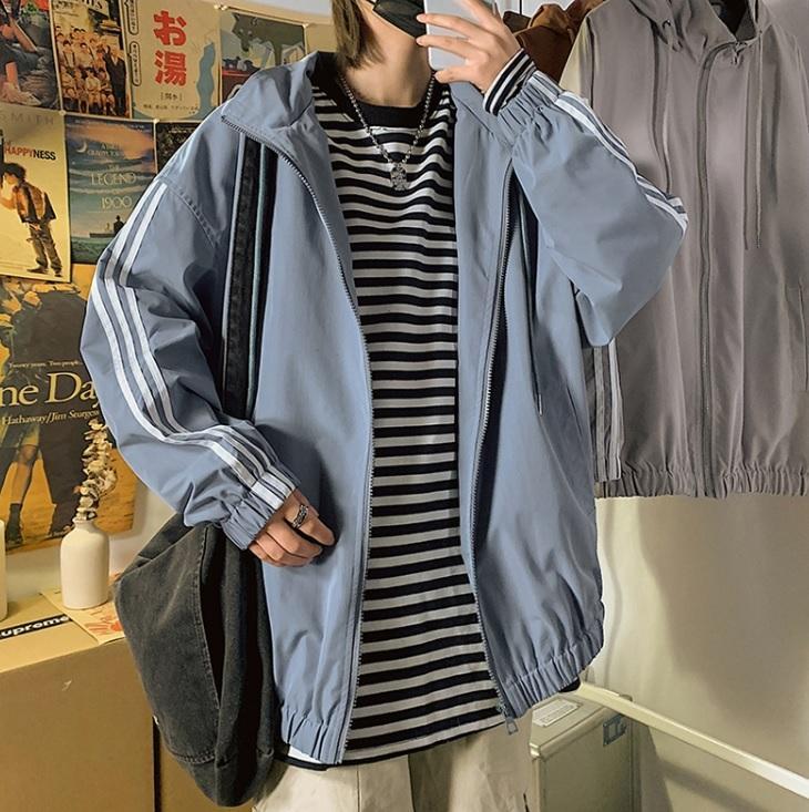 Sporty Triple Stripes Hooded Loose Windbreaker Jacket