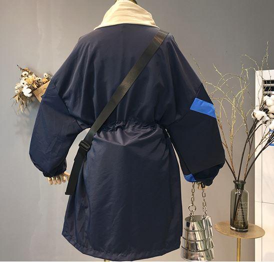 Sporty Windbreaker Retro Style Elastic Waist Long Jacket