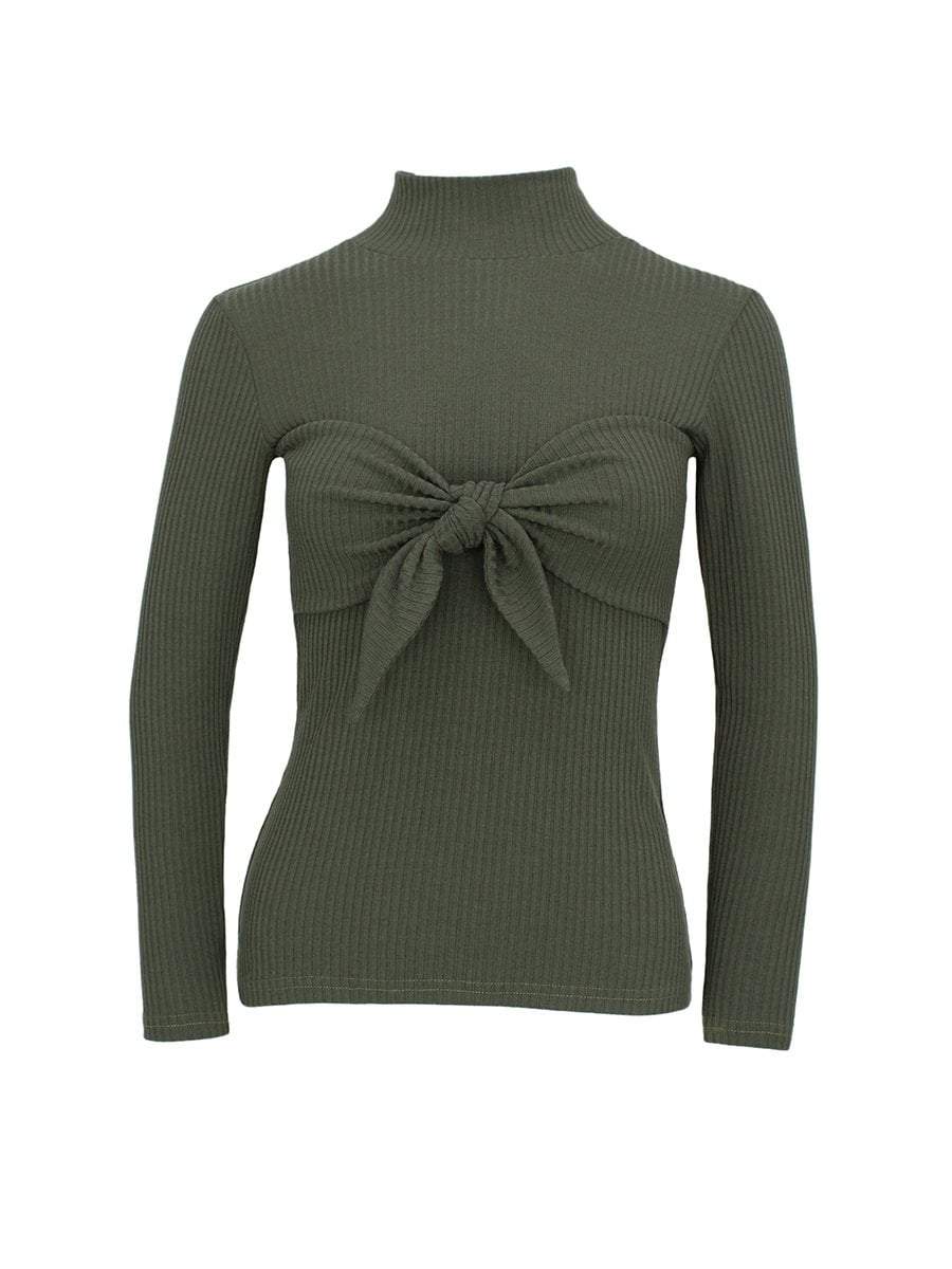 Stand Collar Ribbed Knot Bow Chest Slim Blouse