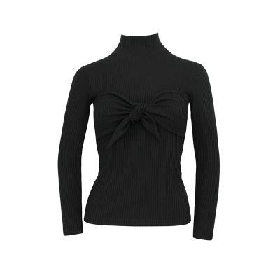 Stand Collar Ribbed Knot Bow Chest Slim Blouse